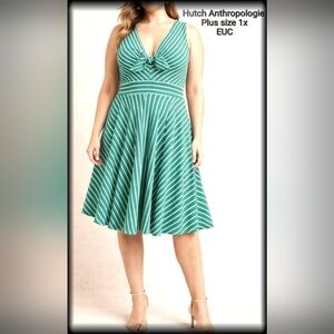 Hutch Green Striped Fit & Flare Midi Dress Plus Size 1x Retro Mod Sleeveless
